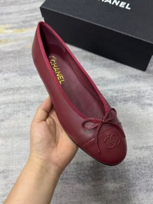 Chanel Ballet Flats Leather Cap Toe Bow - Burgundy