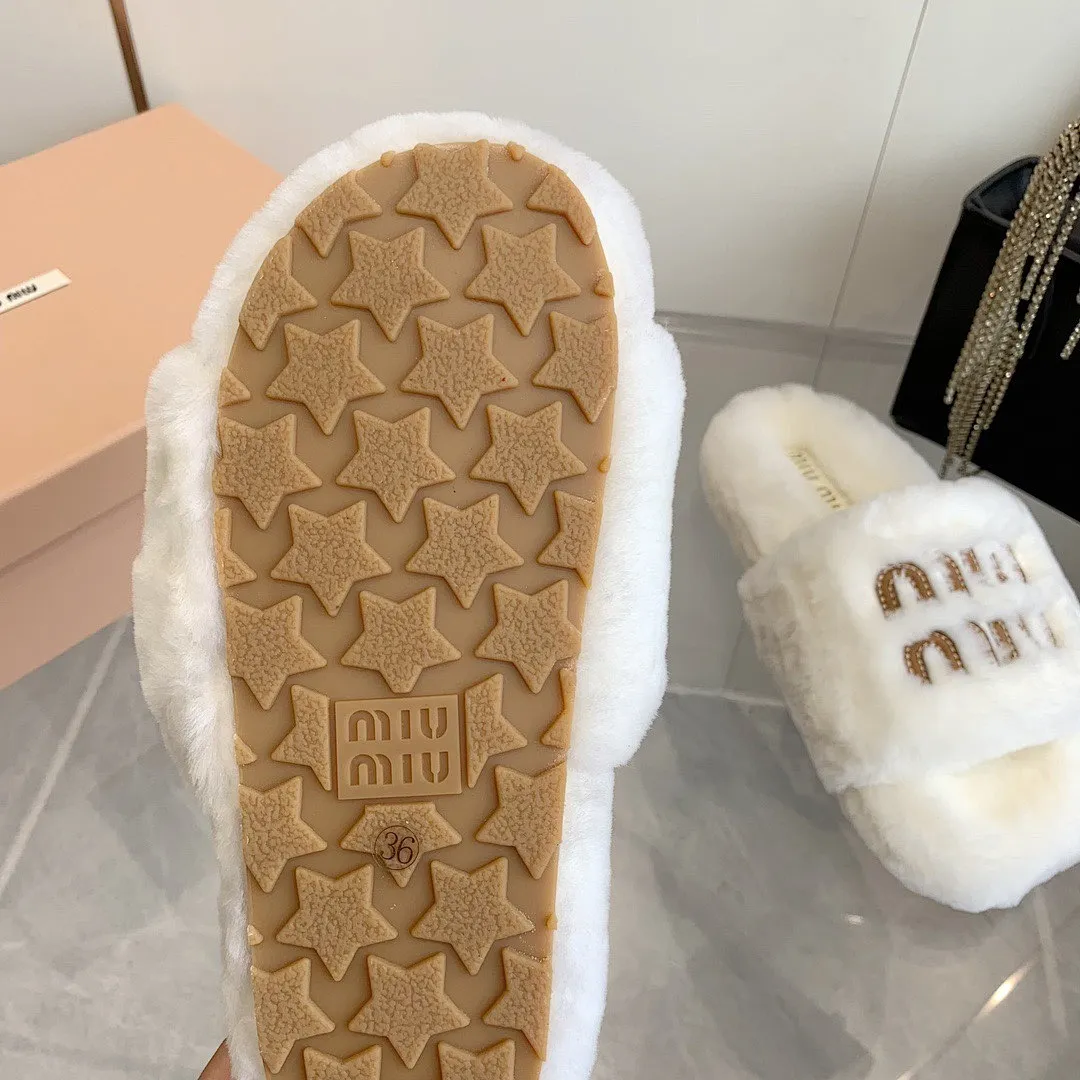 Miu Miu Shearling Logo Slides Wit - Image 14