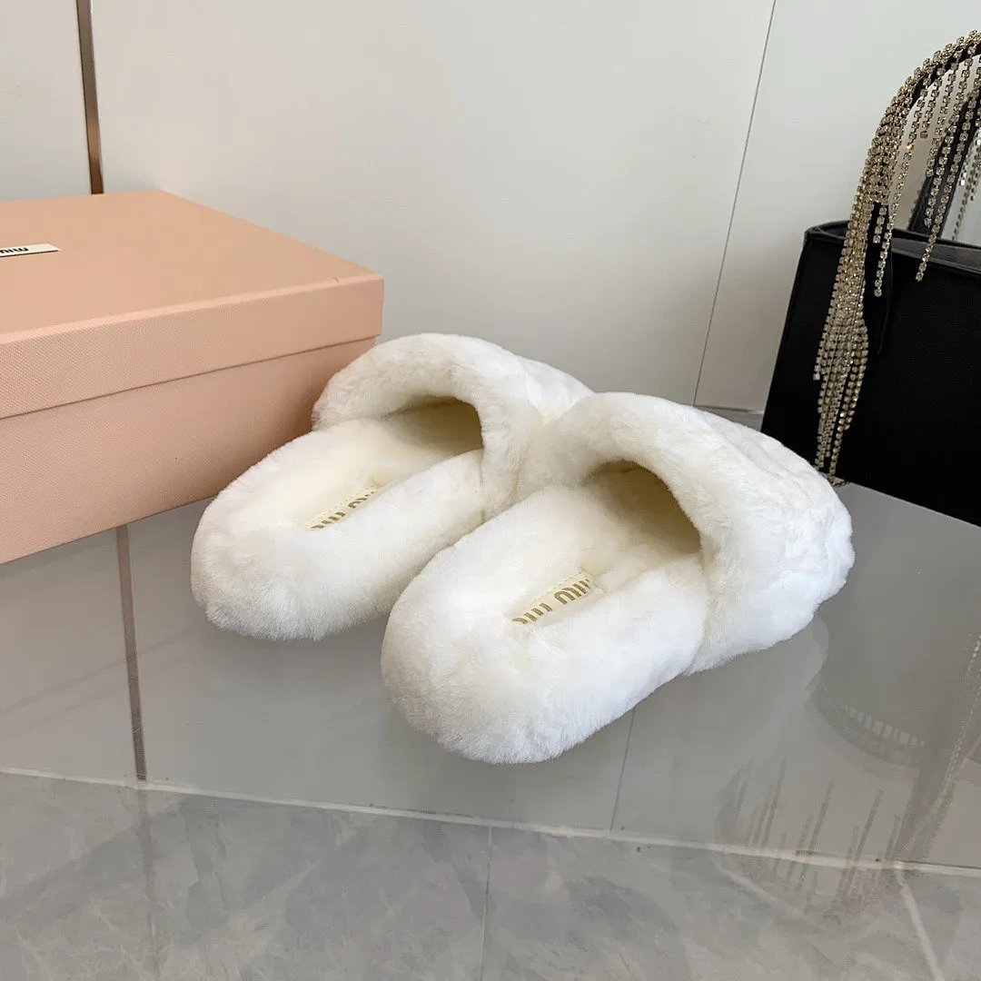 Miu Miu Shearling Logo Slides Wit - Image 9