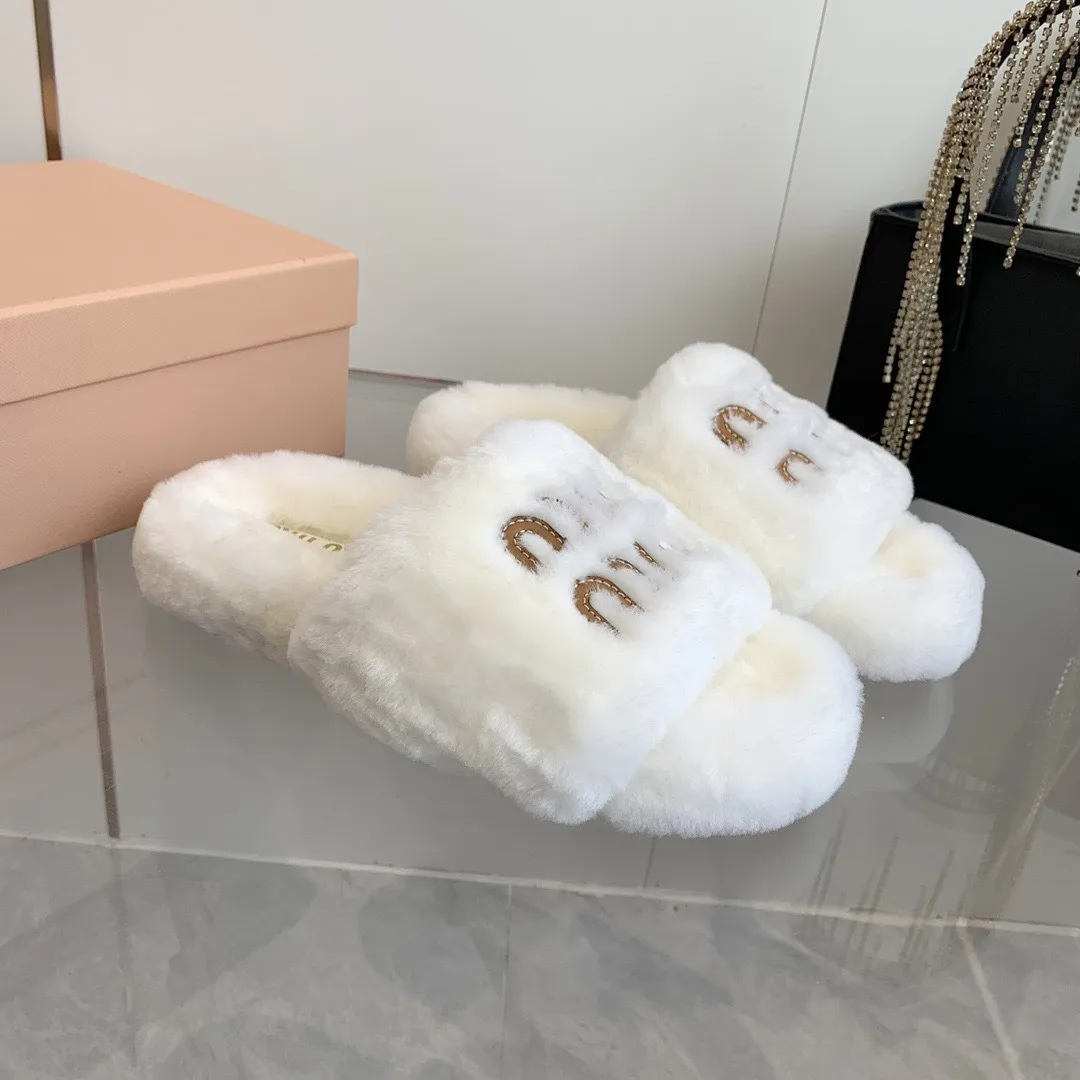 Miu Miu Shearling Logo Slides Wit - Image 3