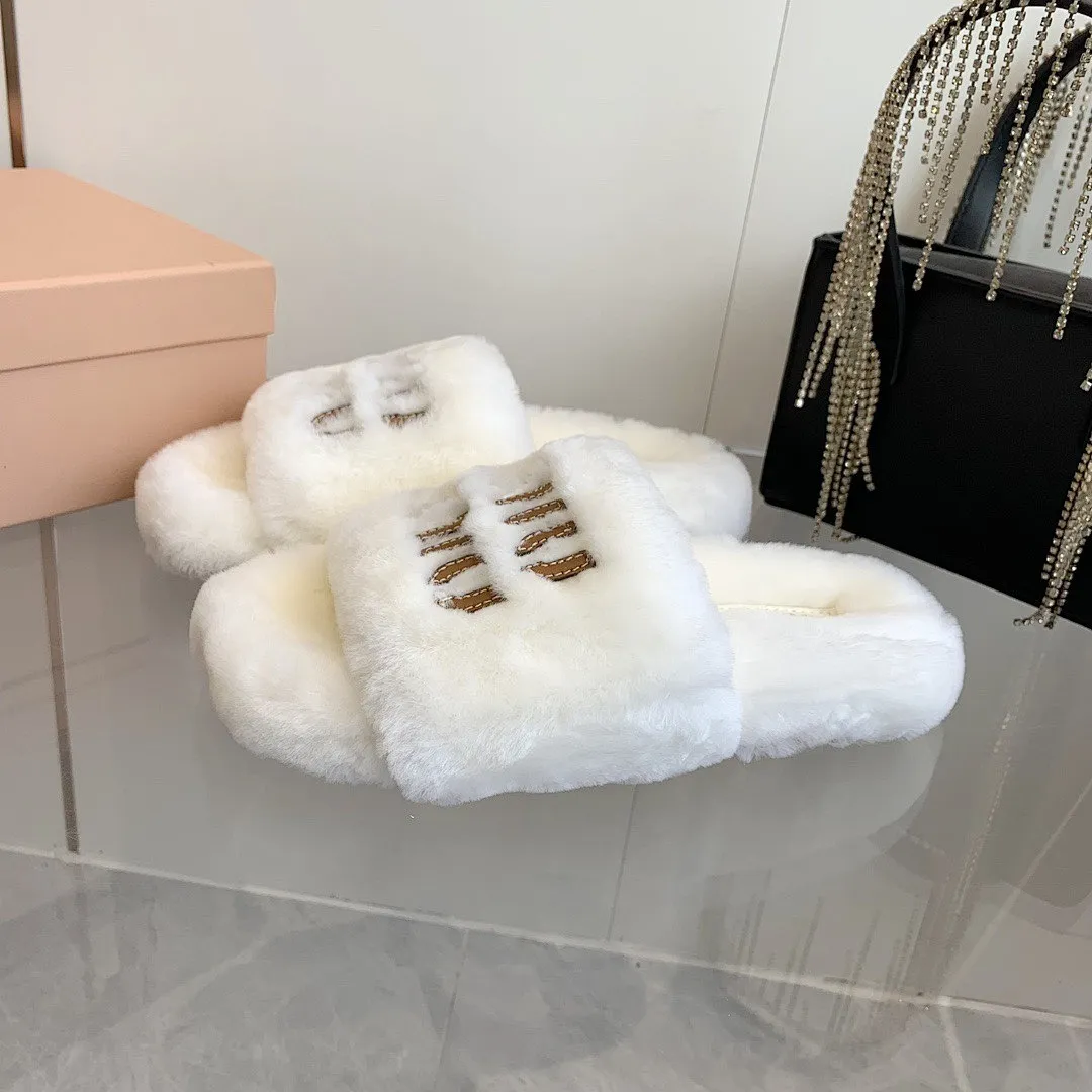Miu Miu Shearling Logo Slides Wit - Image 2