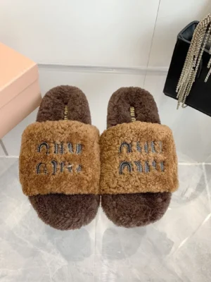 Miu Miu Shearling Logo Slides Camel/Bruin