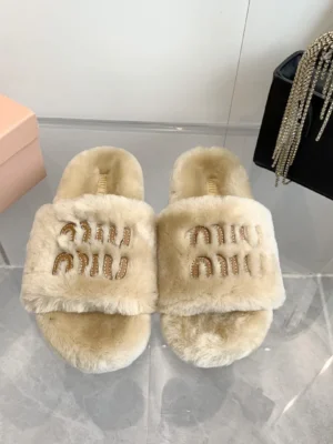 Miu Miu Shearling Logo Slides Beige