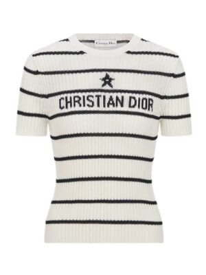 Maglione in cotone a coste ecru e blu navy