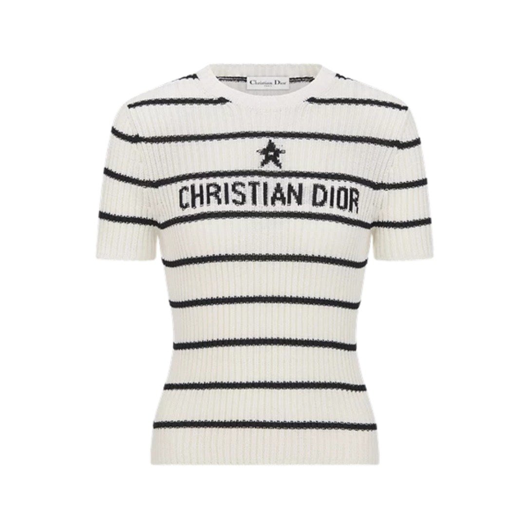 Maglione in cotone a coste ecru e blu navy